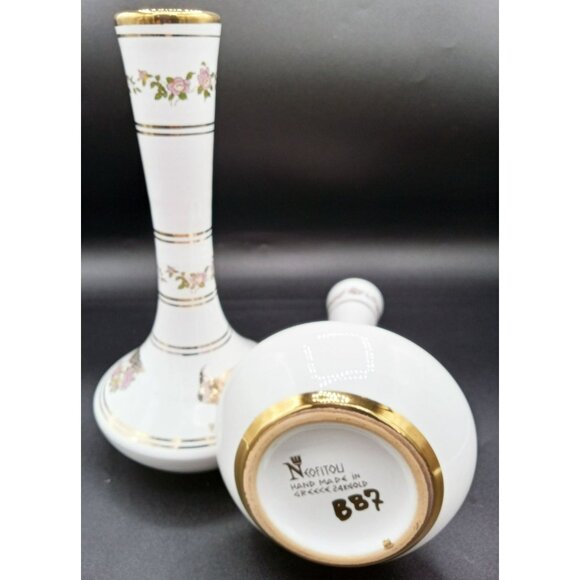 Neofitou Vase Pair Greece Vintage 24K Gold Trim Floral Bird Handcrafted Elegant - Picture 10 of 12